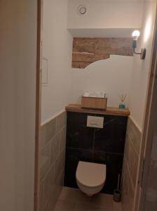 La salle de bains est pourvue de toilettes et d'un comptoir en bois. dans l'établissement CHEZ FLORENT ET CELINE, à Queige