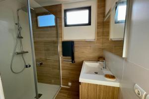 a small bathroom with a sink and a shower at Boulevard de la Plage flat in Arcachon