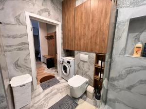a bathroom with a toilet and a washing machine at NEW apartment ViViTa in Uzhhorod +24 photos
