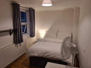a small bedroom with a bed with a fan at Lovely Property in London