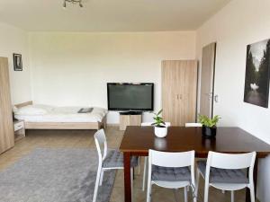 a living room with a table and chairs and a bed at Schickes Apartment in Offenbach am Main in Im Teller