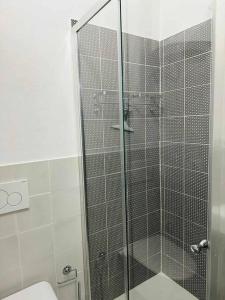 uma casa de banho com uma cabina de duche em vidro e um WC. em LA CASINA SULL'ARNO em Florença