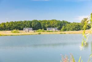 a view of a lake with houses in the background at Woodbell Lodge in Chappel