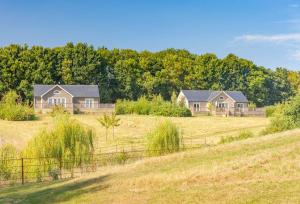 a group of houses in a field with trees at Campion Lodge in Chappel