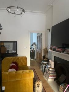 ein Wohnzimmer mit einem Sofa und einem Hund auf einem Teppich in der Unterkunft Mid City Charm - 1-Bed Apartment in London in London