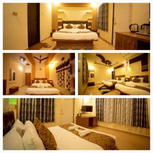 two pictures of a hotel room with two beds at Misty Mount Villa in Mahabaleshwar