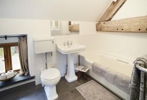 a bathroom with a toilet and a sink and a bath tub at The Longbarn at Caerfallen in Ruthin