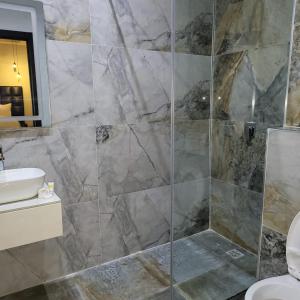 a bathroom with a shower with a sink and a toilet at melbrookeparkhotel in Lagos