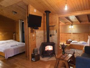 a room with a fireplace and a bed and a tv at Eretz Hagalil - Land of Galilee in Amirim