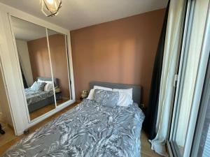 - une chambre avec un lit et un grand miroir dans l'établissement Charmant appartement dans un domaine avec piscine, à Mougins