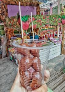 a person holding a plastic cup filled with chocolate covered strawberries at Amy Homestay in Brinchang +5 photos