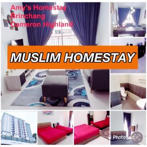 a collage of photos of a living room with red furniture at Amy Homestay in Brinchang