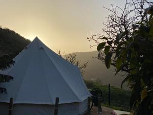 a white tent with a mountain in the background at The Orchard Retreat in Vega de San Mateo