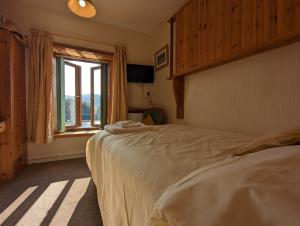 um quarto com uma cama grande e uma janela em Bryn Elltyd Eco House em Blaenau-Ffestiniog