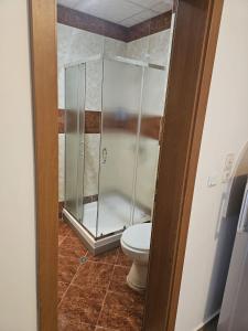 a bathroom with a toilet and a glass shower at Apartment Fort Noks in Sveti Vlas