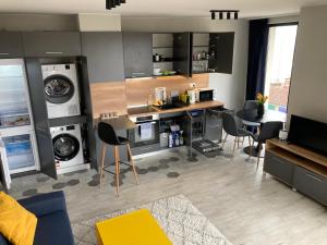 a living room with a kitchen with a washing machine at Apartment Opalchenska / Pirotska in Sofia