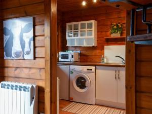 uma cozinha com uma máquina de lavar roupa e um micro-ondas em Chalet 1 em Torcastle