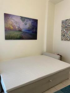 Bett in einem Zimmer mit Wandgemälde in der Unterkunft SISSOU WELCOMe PLACe in Kalamata