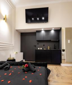 a living room with a black couch and a kitchen at Vistula Boulevards Jacuzzi Apartment in Kraków