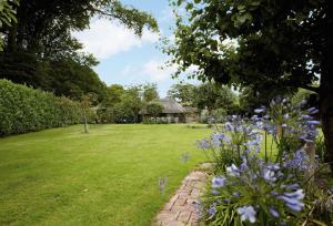 a garden with purple flowers and a house at Spring Water Barn in Helston