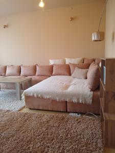a living room with a couch and a table at Apartament na kurzej stopce in Malbork