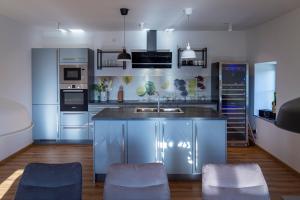 una cocina con electrodomésticos de acero inoxidable y armarios azules en Villa Richterberg with Sauna & Hot Tub, en Slovenj Gradec