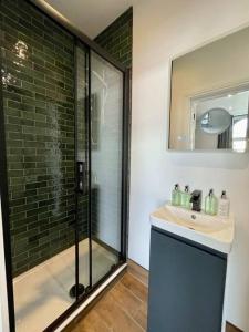 a bathroom with a shower and a sink at Stylish central apartment for 2 people free parking in Cardiff