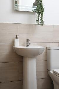 a bathroom with a sink and a toilet at Avocet Cottage in Lucker