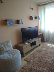 a living room with a flat screen tv on a wooden entertainment center at Apartament na kurzej stopce in Malbork
