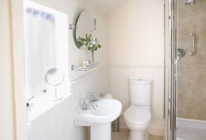 a bathroom with a toilet and a sink and a mirror at Pear Tree Cottage Norfolk in Little Barningham +10 photos
