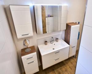 y baño con lavabo y espejo. en Relax-Suite Kaminfeuer en Lackenhof