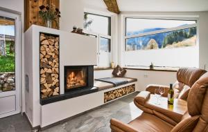 ein Wohnzimmer mit einem Kamin und Fenstern in der Unterkunft Relax-Suite Kaminfeuer in Lackenhof
