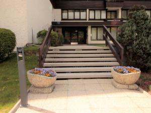 a building with stairs and two pots of flowers at Apartment Orlic by Interhome in Bad Hofgastein