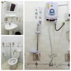 two pictures of a bathroom with a shower and a toilet at Sipanya Guesthouse in Muang Ph&ocirc;nsavan