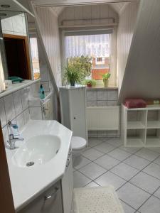 ein Bad mit einem Waschbecken, einem WC und einem Fenster in der Unterkunft Gästezimmer zum Waldsachsener Grund in Meerane