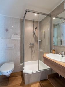 a bathroom with a shower and a toilet and a sink at Hotel Heintz in Vianden