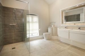 a bathroom with a shower and a toilet and a sink at The Potting Shed in Weston under Lizard