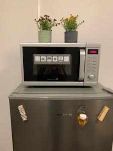 a microwave sitting on top of a refrigerator at N-Apartman Central in Mosonmagyaróvár