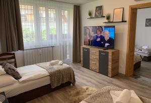 a bedroom with a flat screen tv on a dresser at N-Apartman Central in Mosonmagyaróvár