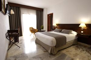 バレンシアにあるホテル トゥリアの大きなベッドと窓が備わるホテルルームです。