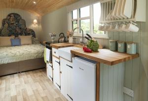 a kitchen with a counter and a sink in a room at Anne's Hut Monmouthshire in Saint Arvans