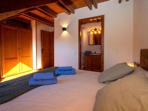 a bedroom with a large bed with blue pillows on it at Apartment Peak by Interhome in Taüll