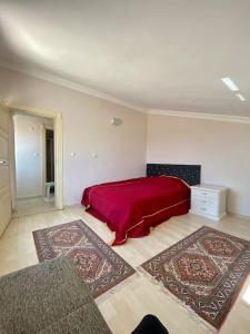 1 dormitorio con 1 cama roja y 2 alfombras en 4 ROOMS SUMMER VİLLA KUNDU ANTALYA, en Aksu