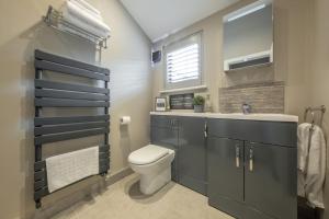 a bathroom with a toilet and a sink and a window at The Haybarn in Cranleigh