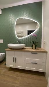La salle de bains est pourvue d'un lavabo et d'un miroir. dans l'établissement Apartma Nomad, à Novo Mesto