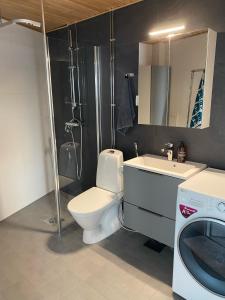 a bathroom with a toilet and a sink and a washing machine at BOSSHOMES Apartments Espoo - Close to Helsinki and access to Airport in Espoo