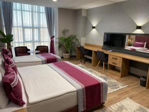 um quarto de hotel com uma cama, uma secretária e uma televisão em Lavanta Tepesi Hotel ve Spor Tesisleri em Burdur