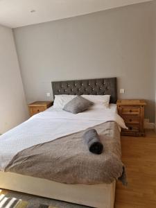 a bedroom with a bed with a black cat laying on it at Spacious Luxurious Serviced Accomodation in Doncaster