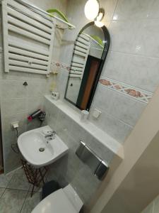 a bathroom with a sink and a mirror and a toilet at Mieszkanie Jelenia in Jelenia Góra +23 photos
