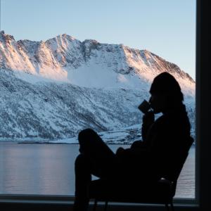 une femme assise sur une chaise et regardant par la fenêtre dans l'établissement Polar Panorama Lodge, à Fjordgård